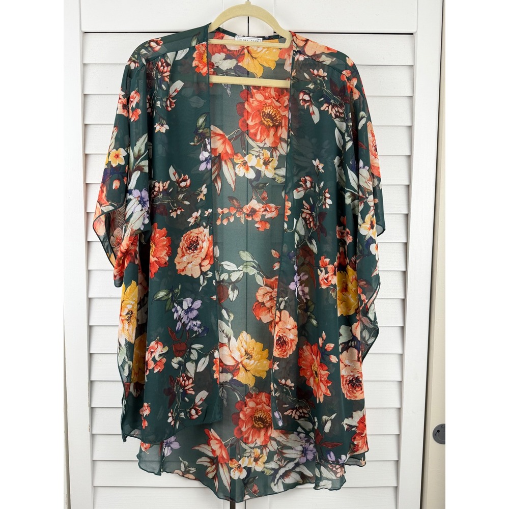 Emory Park Kimono OS Green Floral Sheer Open Front Draped Wrap Layer